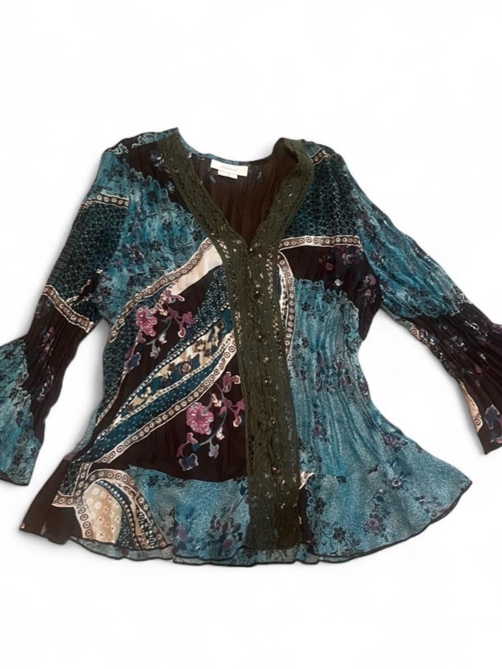 dressbarn Teal and Brown Boho Patchwork V-Neck Blouse